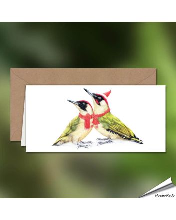 Kerstkaart met de familie groene specht - Perfect om een vleugje natuur in je kerstwensen te brengen! - www.hoezo-kado.nl