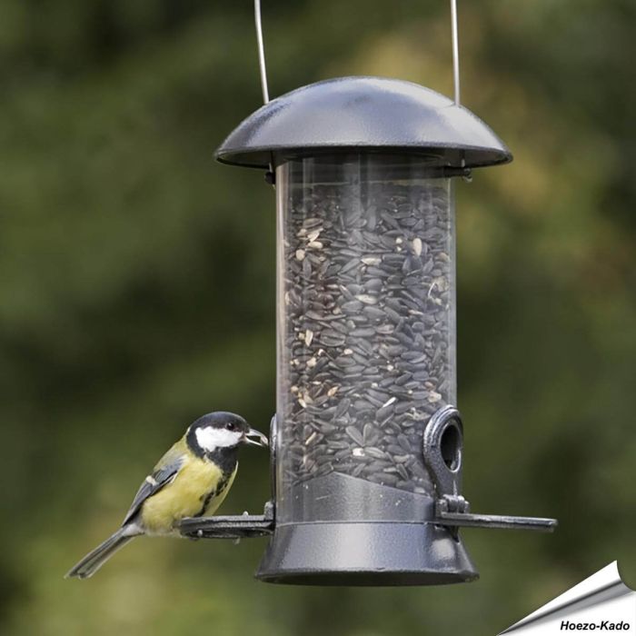 Metalen voedersilo voor vogels met zitringen - www.hoezo-kado.nl