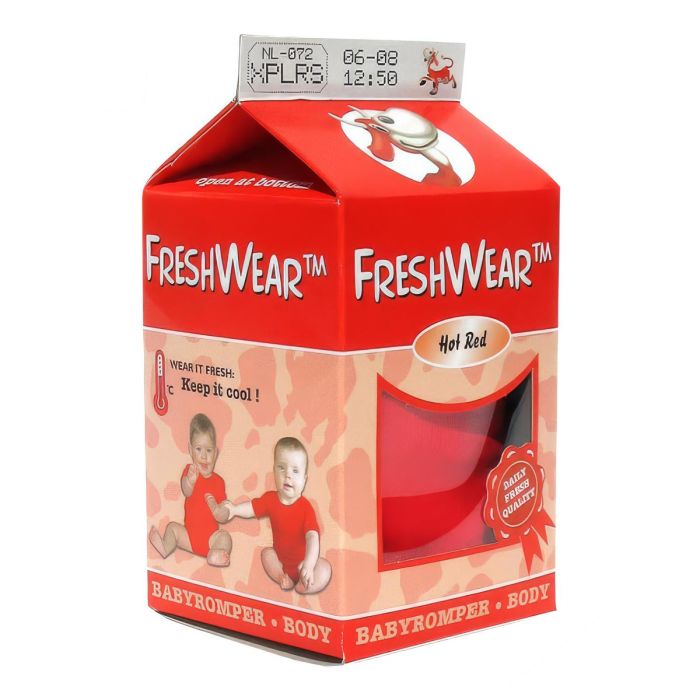Freshwear™ Baby Rompertje Hot Red Large 74-80 cm van 100% katoen, met korte mouwtjes, flexibele hals, drie drukknoopjes en melkpakverpakking.