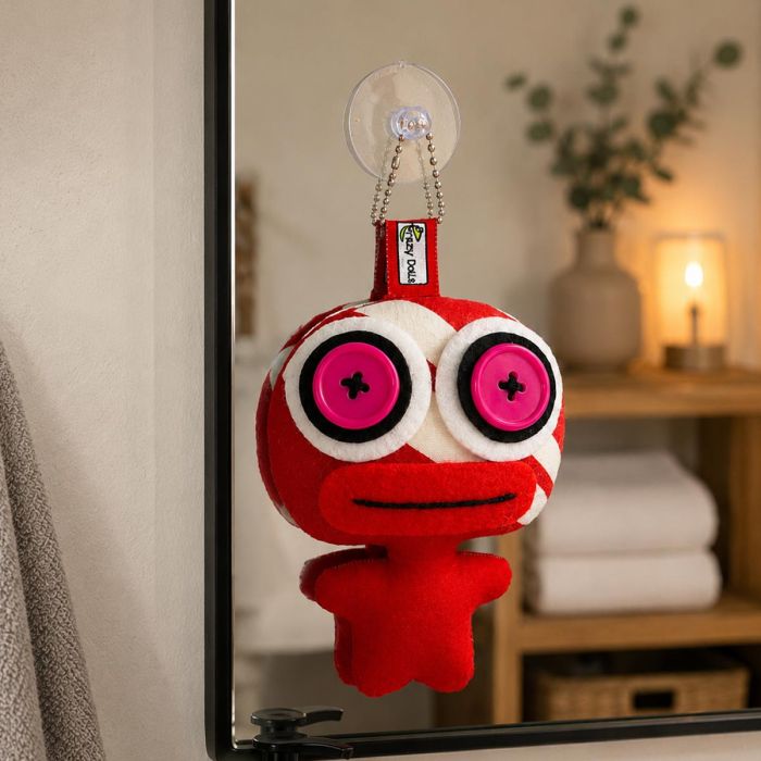 Unieke Crazy Doll met zuignap in rood met roze knoopogen. Ca. 8 x 11 cm. Opvallende decoratie voor raam of spiegel. Slechts 1 exemplaar.