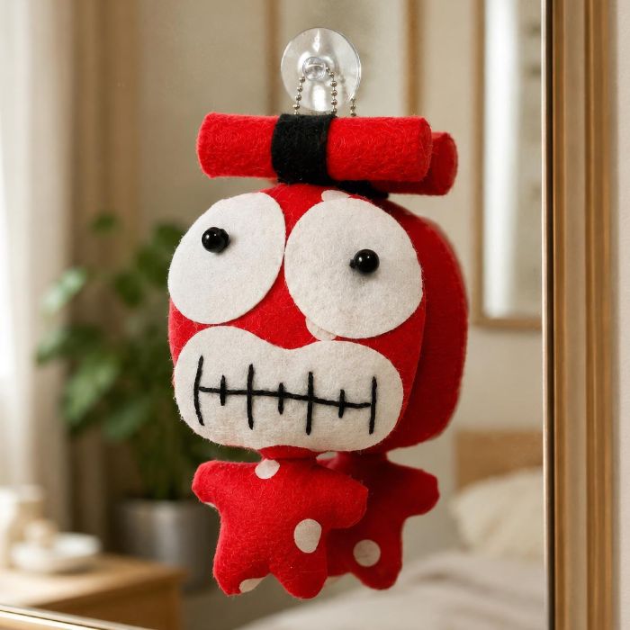 Unieke Crazy Doll met zuignap in rood en wit, met grote ogen en gestikte mond. Ca. 8,5 x 15 cm. Slechts één exemplaar beschikbaar.