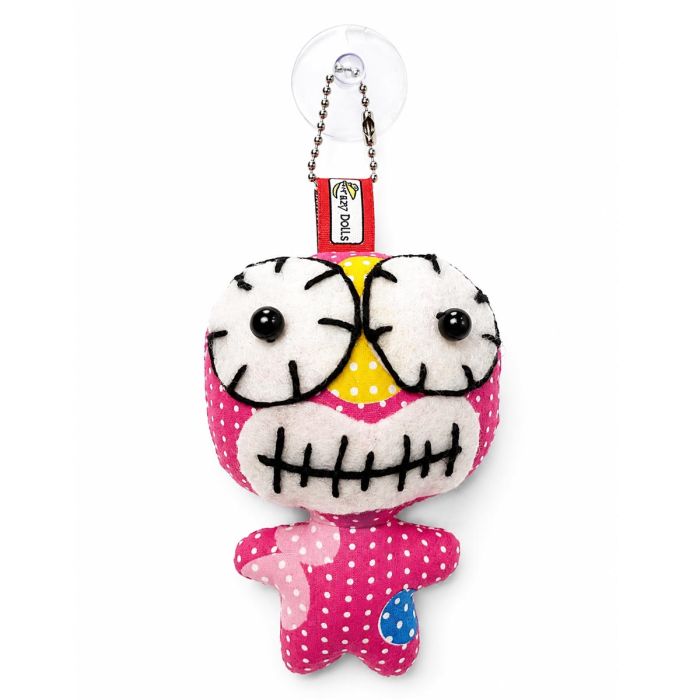 Unieke Crazy Doll met zuignap in roze met witte stippen en gestikte mond. Ca. 7,5 x 10,5 cm. Opvallende decoratie voor raam of spiegel. Slechts 1 exemplaar.