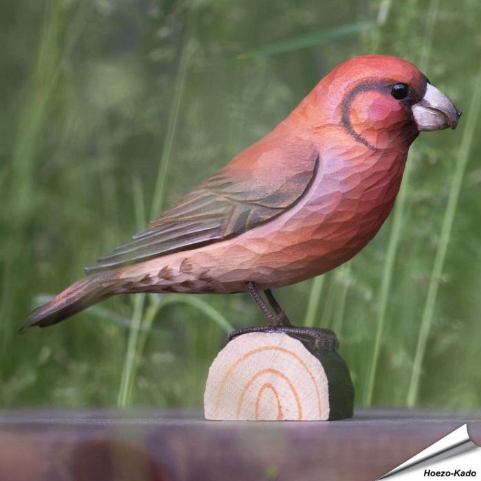 Houtgesneden vogel in de vorm van een Kruisbek is een mooie decoratie waar het hele gezin dol op zal zijn ✔️ Levensecht vorm- en kleur gegeven model ➤ Koop nu online bij Hoezo-Kado