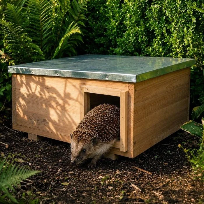 Houten Egelhuis XL van Wildlife Home met metalen dak, geplaatst tussen groene planten in de tuin, terwijl een egel uit de ingang loopt.