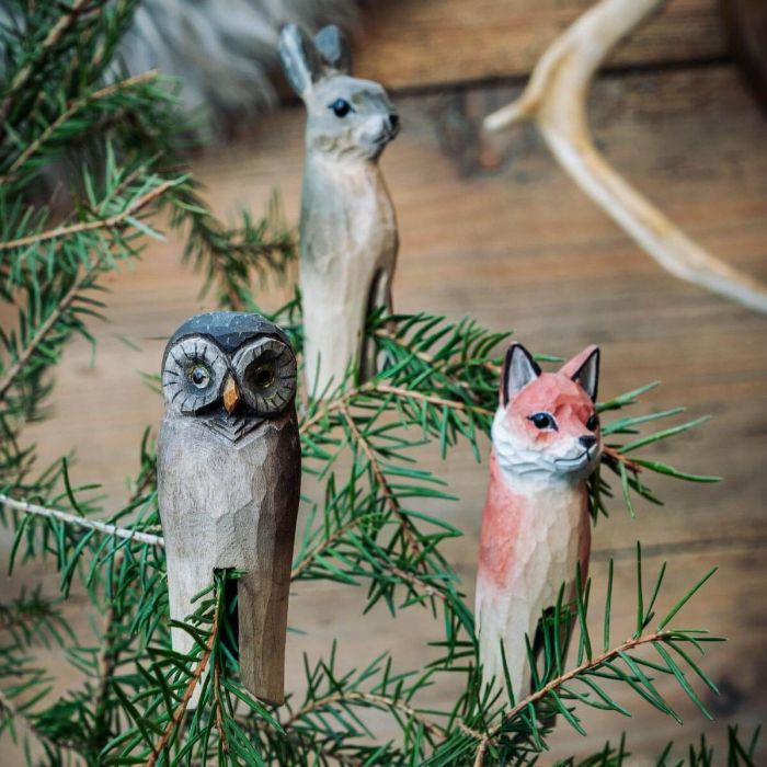 Set van 3 handgesneden houten bosdieren: vos, uil en haas. Voor kerstboom, kamerplant en decoratieve takken. Van Wildlife Garden.