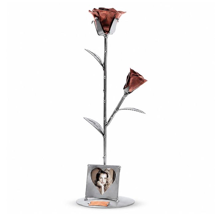 Handgemaakt Hinz & Kunst fotolijstje met hartvormige foto-uitsparing en twee koperkleurige rozen. Ca. 10 x 10 x 34 cm. Persoonlijk cadeau.