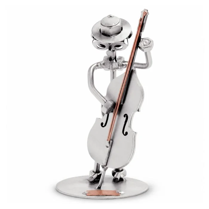 Handgemaakte Hinz & Kunst sculptuur van een contrabassist met contrabas en koperkleurige strijkstok. Ca. 10 x 10 x 19 cm. Origineel muzikaal cadeau.