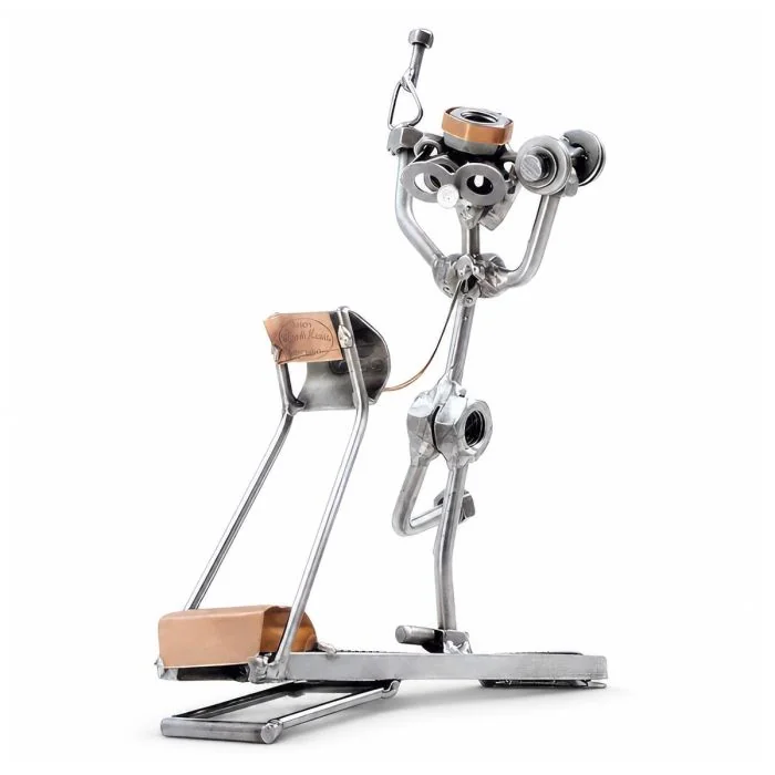 Handgemaakte Hinz & Kunst fitness sculptuur van een sporter op een loopband met hoofdtelefoon en handdoek. Motiverend cadeau voor sporter of personal trainer.