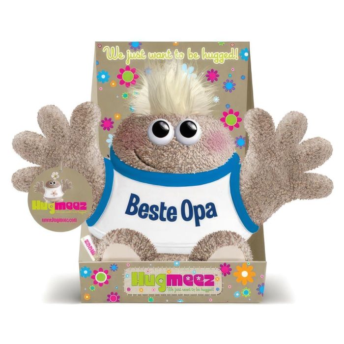 Verras opa met Hugmeez Klein Beste Opa: een superzachte knuffel met open armen en persoonlijke boodschap. Compact cadeau van ca. 150 x 245 mm.