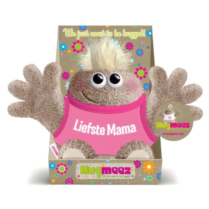 Hugmeez Klein Liefste Mama is een superzachte knuffel met open armen en lieve boodschap. Ca. 150 x 265 mm en leuk als persoonlijk cadeau voor mama.