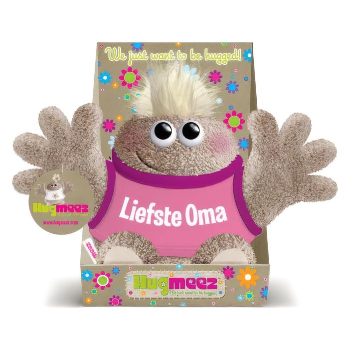 Hugmeez Klein Liefste Oma is een superzachte knuffel met open armen en persoonlijke boodschap. Ca. 150 x 265 mm, speciaal als lief cadeau voor oma.