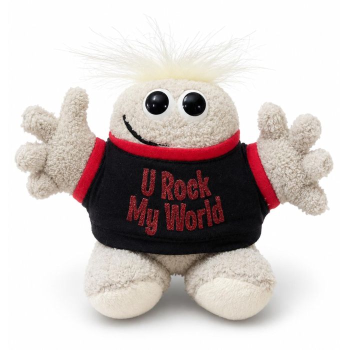 Hugmeez U Rock My World met zwart shirt, rode tekst en open armen. Een vrolijk persoonlijk cadeau van ca. 160 x 240 mm voor iemand die veel betekent.
