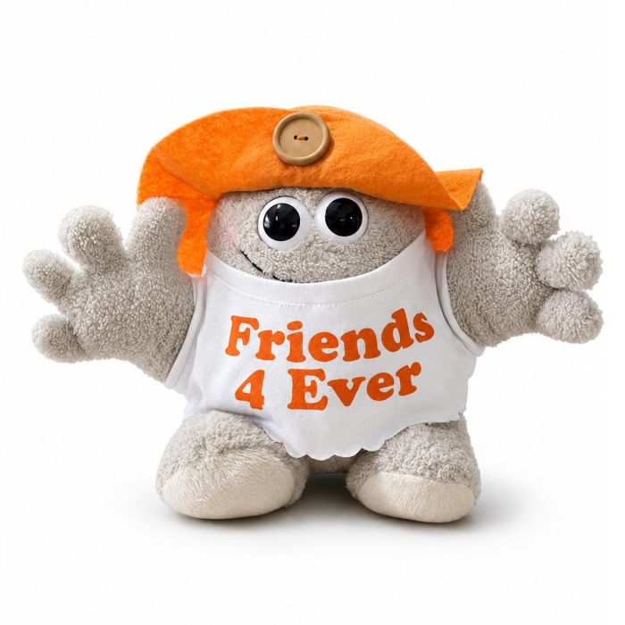 Hugmeez Medium Friends 4 Ever met oranje pet, open armen en vriendschapsboodschap. Ca. 220 x 310 mm, leuk cadeau voor vriend of vriendin.