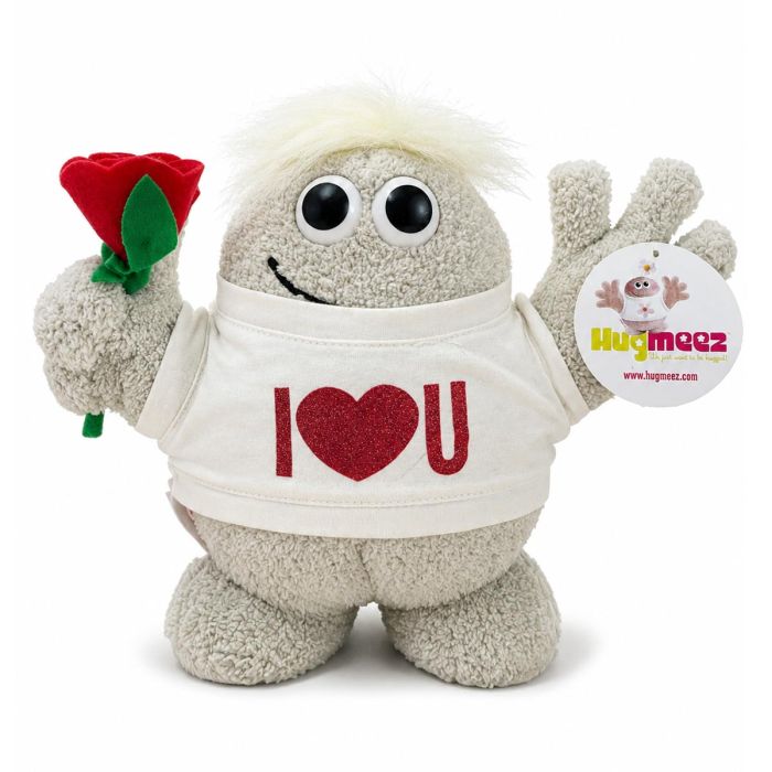 Hugmeez Medium I Love U met rode roos, wit shirt en open armen. Romantische knuffel van ca. 210 x 300 mm voor iemand die veel voor je betekent.
