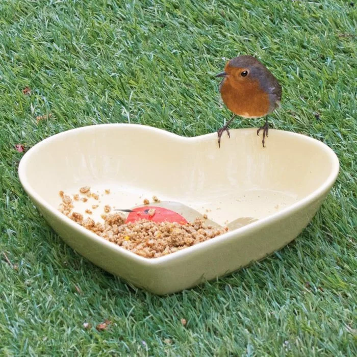 Keramische I Love Robins voederschaal van Jacobi Jayne. Ca. 21 x 17 x 5 cm, vorstbestendig, vaatwasmachinebestendig en ideaal voor meelwormen.