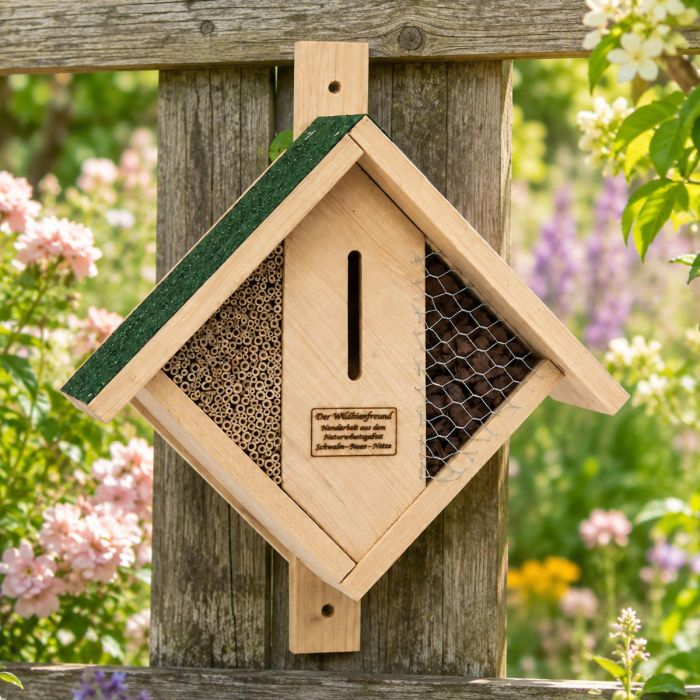 Houten insectenhotel met bamboe, schors, beschermgaas en groen dakvilt. Meerdere nest- en schuilzones voor solitaire bijen en andere tuininsecten.