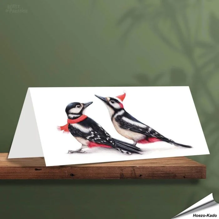 Kerstkaart met leuke spechten - Voor natuurliefhebbers - www.hoezo-kado.nl