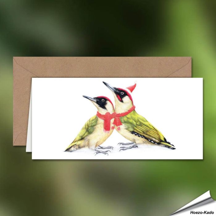 Kerstkaart met de familie groene specht - Perfect om een vleugje natuur in je kerstwensen te brengen! - www.hoezo-kado.nl