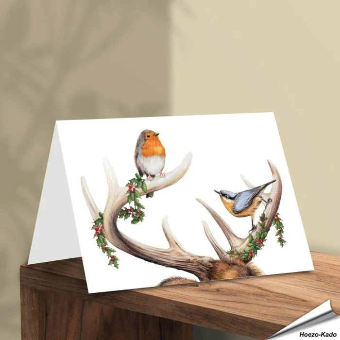 Kerstkaart met een leuke Roodborst, Boomklever en gewei - www.hoezo-kado.nl