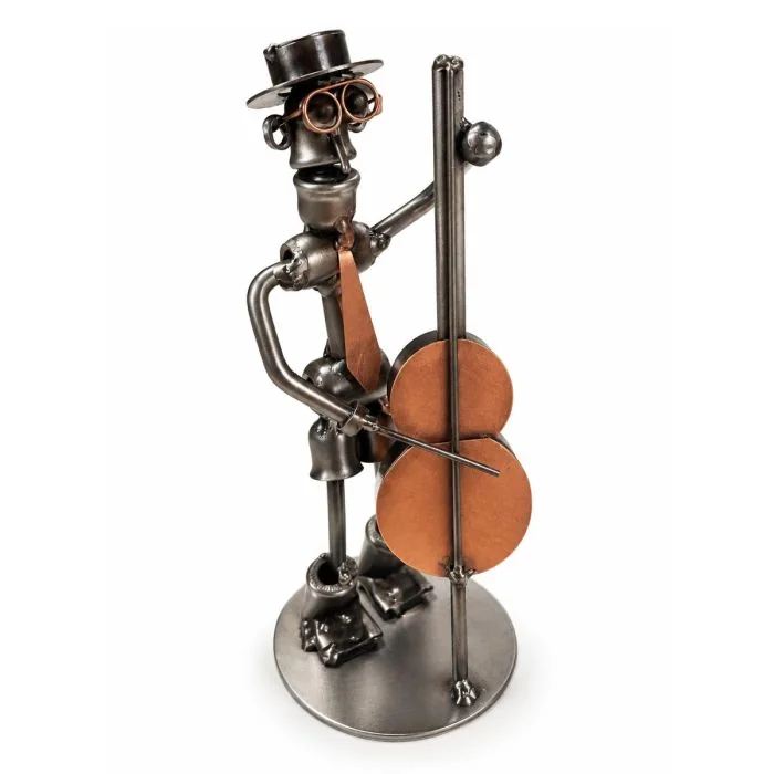 Metalen sculptuur van een contrabassist met strijkstok, hoed en bril. Ca. 20 cm hoog. Origineel cadeau voor contrabassisten en muziekliefhebbers.