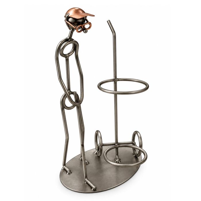 Metalen sculptuur van een golfer met golftrolley en flessenhouder. Geschikt voor flessen tot ca. Ø 7,2 cm. Hoogte ca. 27 cm. Origineel golfcadeau.