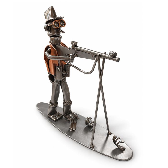 Metalen jager van 19 cm met geweer op steun, verrekijker en koperkleurige details. Een persoonlijk cadeau voor een jager, jachtvriend of verzamelaar.