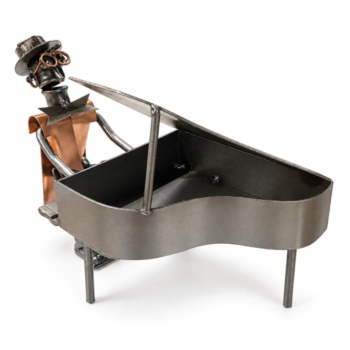 Metalen sculptuur van een pianist achter een vleugelpiano, ca. 15 cm hoog. Origineel cadeau voor pianist, pianoleraar of liefhebber van pianomuziek.