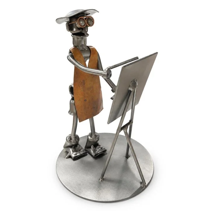 Metalen sculptuur van een schilder met ezel, palet en penseel. Ca. 19,5 cm hoog. Origineel cadeau voor kunstenaars, creatievelingen en kunstliefhebbers.
