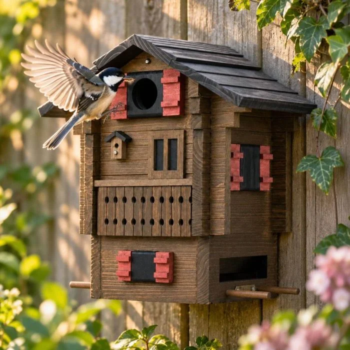 Koolmees vliegt met gespreide vleugels naar de invliegopening van de Multiholk Fjällstugan van Wildlife Garden, bevestigd aan een houten tuinschutting.