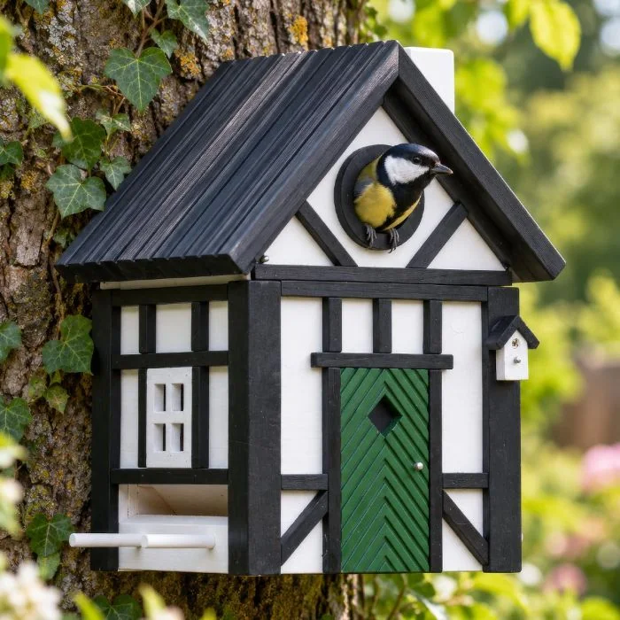 Multiholk Korsvirke van Wildlife Garden combineert een nestkast en voederhuis in één ontwerp. Voor kleine tuinvogels, met 32 mm invliegopening en Scandinavische vakwerkstijl.