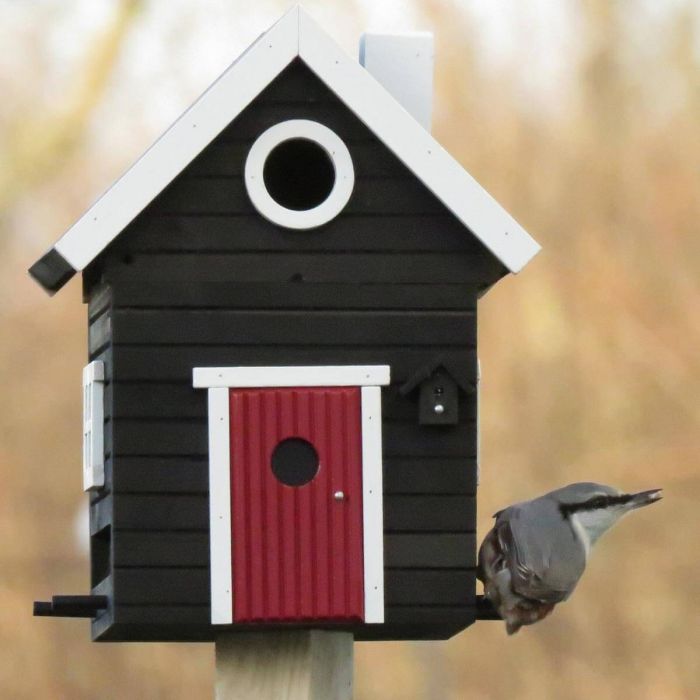 Multiholk Svart Hus van Wildlife Garden in zwart, met 32 mm invliegopening. Nestkast in lente en zomer, voederhuis in herfst en winter.