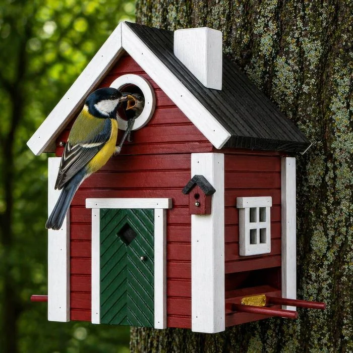 Multiholk Torp van Wildlife Garden: nestkast en voederhuis in 1 voor kleine tuinvogels, geïnspireerd op Scandinavische architectuur.