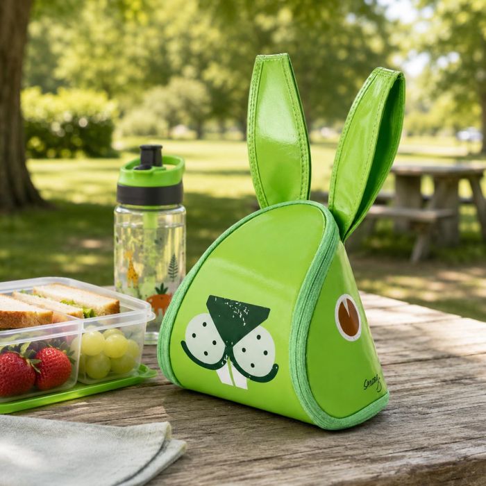 Munchler Lunch Pack Konijn groen voor kinderen. Lunchrugzakje met verstelbare banden, koelende voering en uitklapbare placemat voor school en uitstapjes.