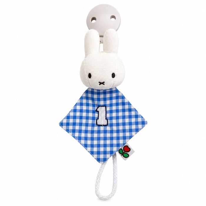 Nijntje fopspeenketting blauw met zacht Nijntje-figuurtje, clip en speenlus. Geschikt vanaf de geboorte en leuk als praktisch kraamcadeau.
