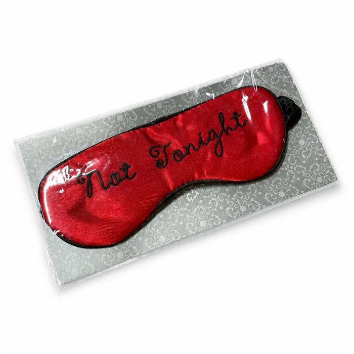 Rood slaapmasker met zwarte “Not Tonight” borduring en zwarte rand. Nylon oogmasker van ca. 185 x 70 mm met opvallende uitstraling.