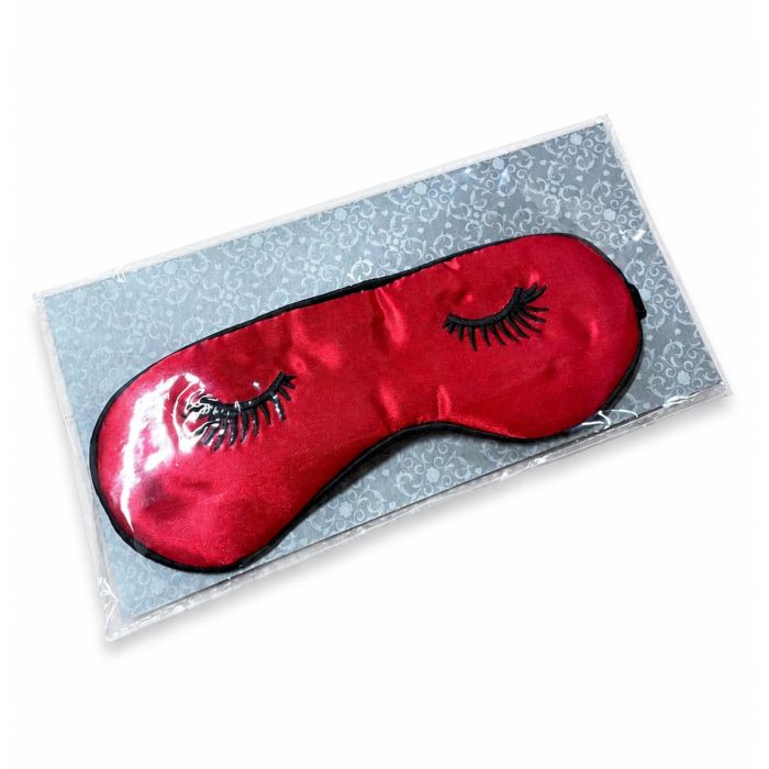 Rood oogmasker met zwarte wimpers en zwarte rand. Gemaakt van nylon en ca. 185 x 70 mm groot. Opvallend slaapmasker in rood en zwart.