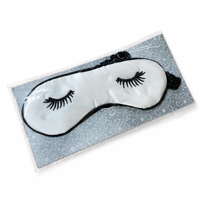Wit slaapmasker met zwarte wimpers en zwarte rand. Gemaakt van nylon en ca. 185 x 70 mm groot. Compact oogmasker voor thuis en onderweg.