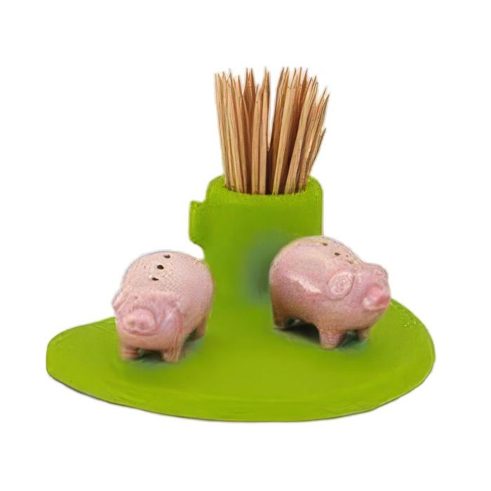 Peper en Zout Set Varken met tandenstokerhouder, gemaakt van keramiek en kunststof. Speels en praktisch tafelaccessoire voor op de eettafel.