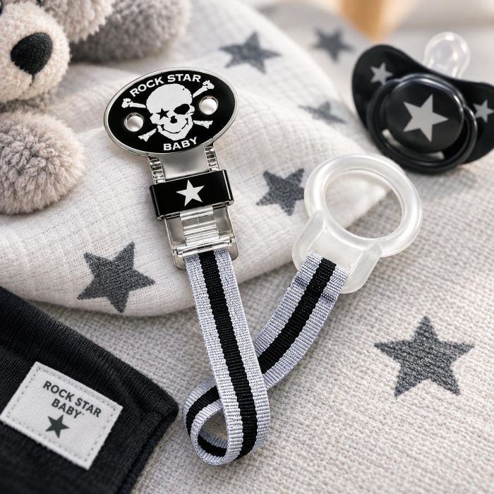 Koop de Rock Star Baby speenclip Pirate met schedelopdruk, sterdetail en zwart-wit lint. Gemaakt van kunststof en nylon in grijs, wit en zwart.