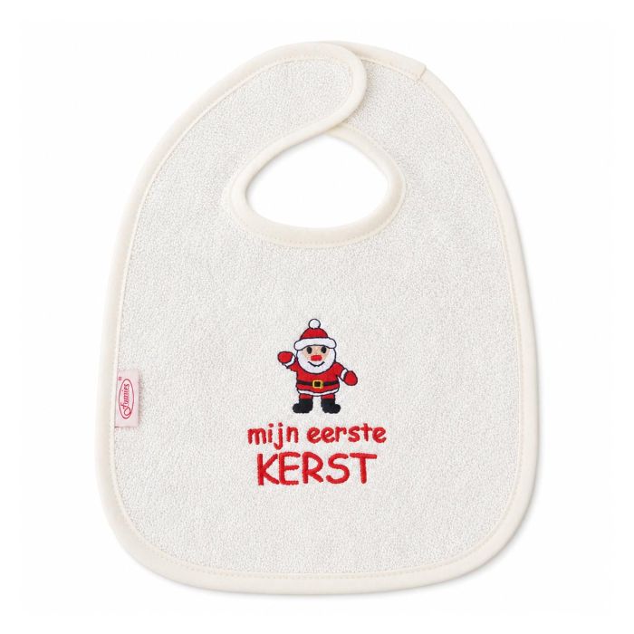 Feestelijk slabbetje voor baby's met kerstman en tekst "mijn eerste KERST". Van 100% katoen, ca. 22 x 25 cm en geschikt voor 0 tot 9 maanden.