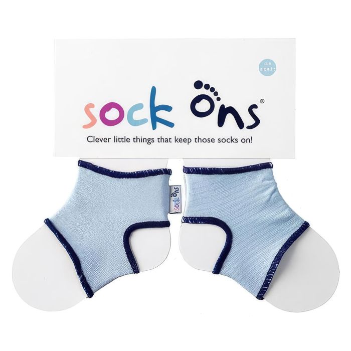 Blauwe Sock Ons® voor baby's van 0-9 maanden. Draag ze over gewone babysokjes om deze beter op hun plek te houden. Gepatenteerd ontwerp.
