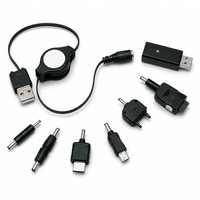 USB oplader met meerdere adapters voor diverse Nokia, Sony Ericsson, Samsung en Motorola telefoons. Compacte Plug & Play laadset via USB.