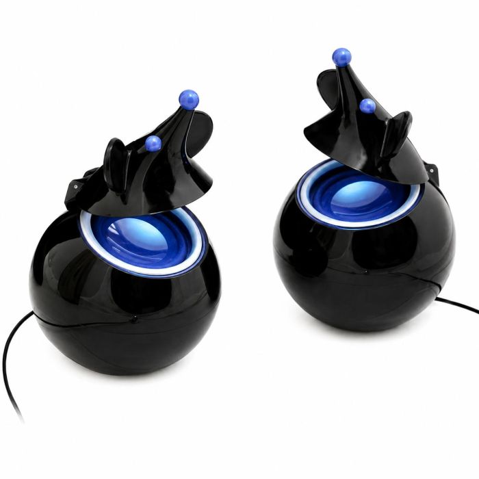 USB Mouse Speakers met 2 x 3 Watt, ingebouwde versterker en blauwe LED-verlichting. Plug & Play, zonder batterijen, voor Windows en Mac.