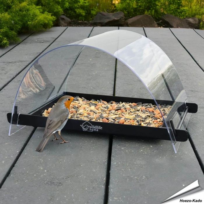 Grondvoedertafel met regenkuppel voor wilde vogels ✔️ Robuuste metalen constructie ✔️ Stevig, transparant dak ✔️ Voor merel, roodborst & Co. ➤ Bestel nu online op Hoezo-Kado