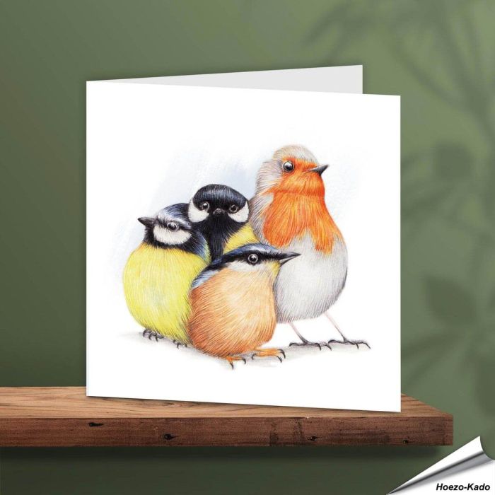 Wenskaart - Knuffelige europese tuinvogeltjes - www.hoezo-kado.nl