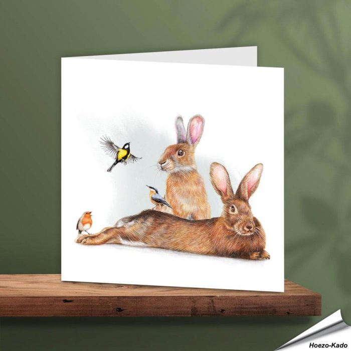 Wenskaart - Konijnen met leuke tuinvogeltjes - www.hoezo-kado.nl