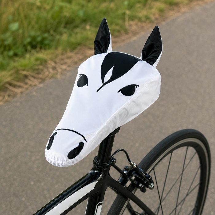 Waterdichte witte zadelhoes met paardengezicht voor een smal racefietszadel. Van nylon, met elastisch koord en compact onder het zadel op te bergen.
