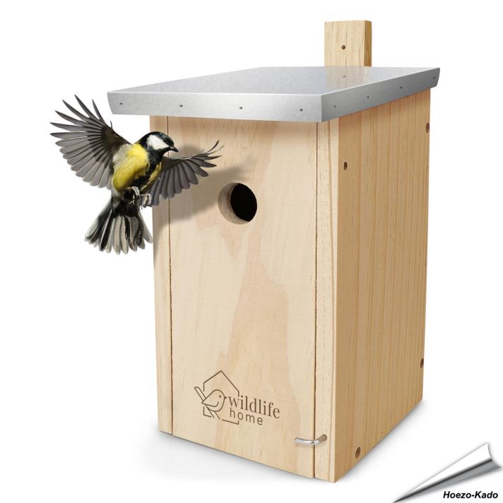 Houten nestkast voor Mezen met metalen dak, perfect voor koolmezen en huismussen