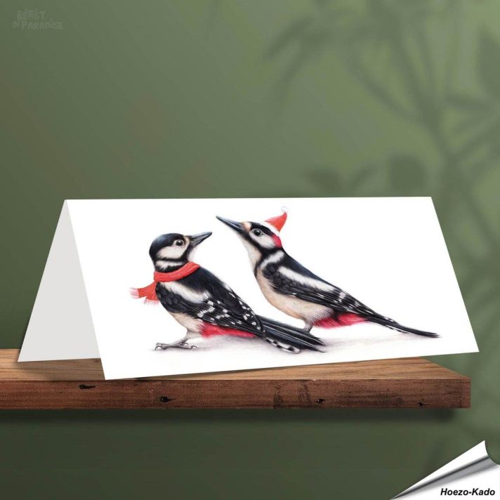Kerstkaart met leuke spechten - Voor natuurliefhebbers - www.hoezo-kado.nl