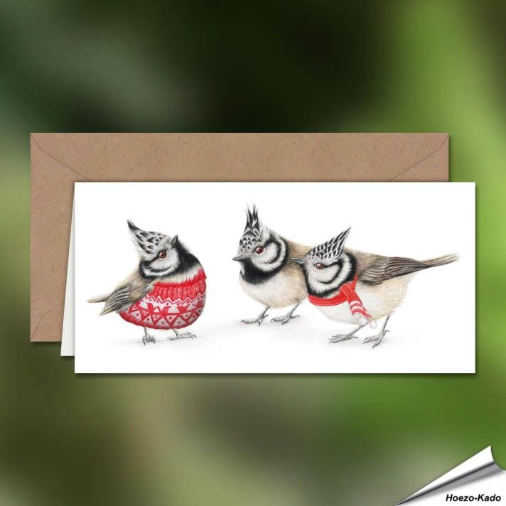 Kerstkaart met de familie kuifmees - Perfect om een vleugje natuur in je kerstwensen te brengen! - www.hoezo-kado.nl